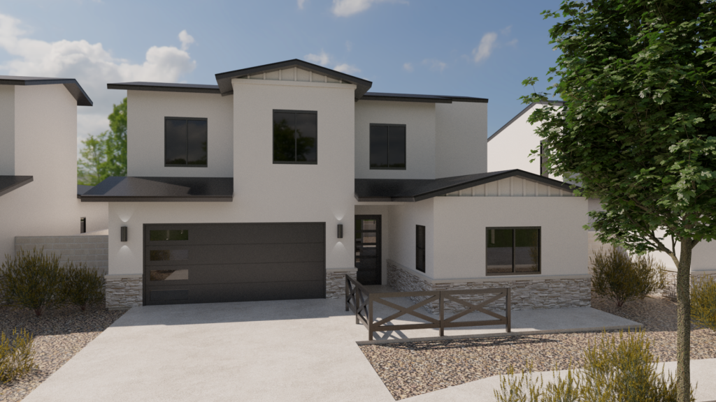 A serene rendering of a two-story home with a garage located at Serene at South Mountain.