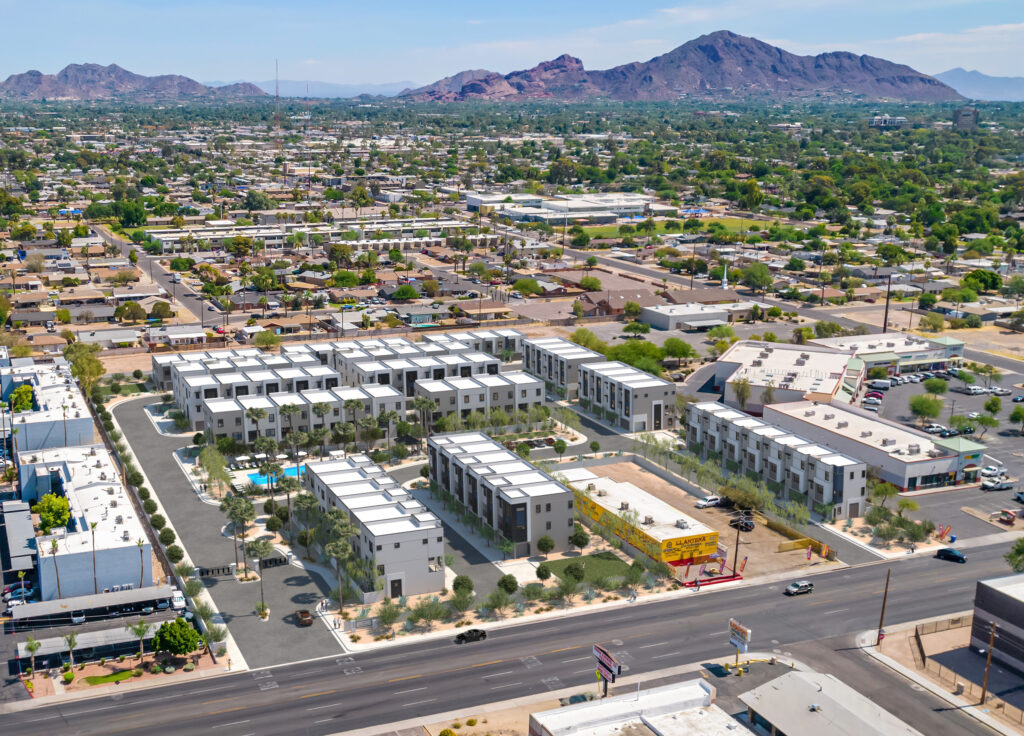 An aerial view of The Melbourne, an apartment complex in Phoenix, Arizona.